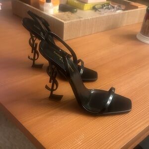 YSL Saint Laurent black leather logo strappy sandals